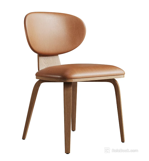 Stylish modern ergonomic dining chair with curved brown leather backrest and wooden legs 3d model 