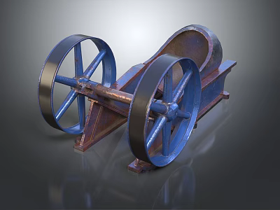 Vintage Engine with Blue Wheels and Metal Frame on Dark Background 3d model