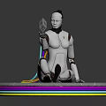 Silver Robot Sitting On Circular Platform With Colorful Neon Rings Holding Small Cube And Cables