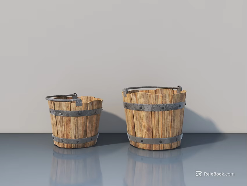 Two Light Wood Buckets With Metal Hoops On Gray Floor Against Light Gray Wall 3d model 