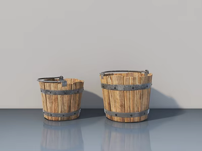 Two Light Wood Buckets With Metal Hoops On Gray Floor Against Light Gray Wall 3d model