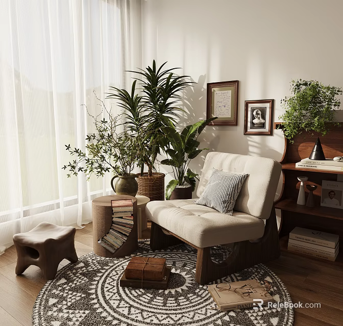 Beige Leisure Chair with Striped Cushion in Cozy Interior with Green Plants and Wooden Floor 3d model 