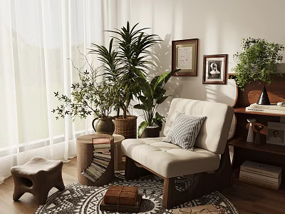 Beige Leisure Chair with Striped Cushion in Cozy Interior with Green Plants and Wooden Floor 3d model