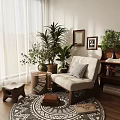 Beige Leisure Chair with Striped Cushion in Cozy Interior with Green Plants and Wooden Floor