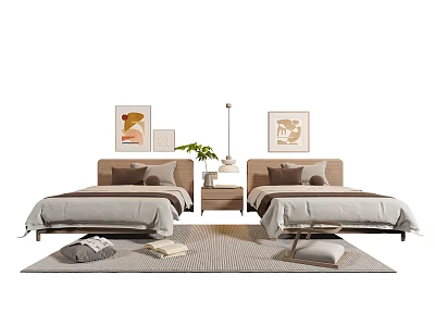 Modern Bedroom Interior With Double Bed Decorative Paintings Nightstand Lamp And Rug 3d model