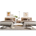 Modern Bedroom Interior With Double Bed Decorative Paintings Nightstand Lamp And Rug