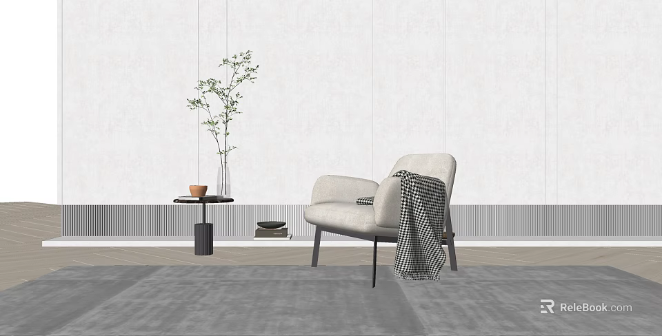 Modern Light Gray Single Sofa Interior With Throw Blanket Side Table Plant And Gray Rug 3d model