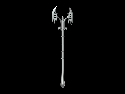 Ornate Metallic Weapon With Long Handle And Double Pronged Decorative Head 3d model