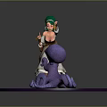 Green Hat Orange Top White Dress Game Movie Character and Purple Octopus Figure on Purple Round Base