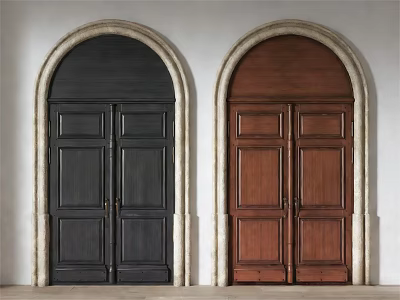 Classic Wooden Double Doors With Arched Frames Black And Brown Stone Trim 3d model