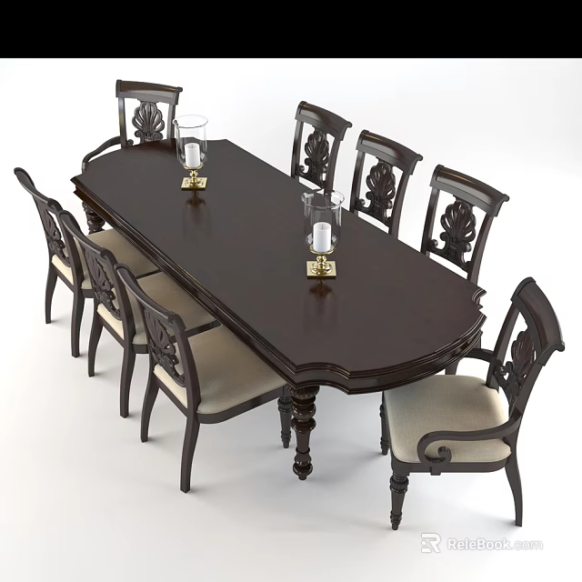 Classic Style Dark Wooden Dining Table And Carved Upholstered Chair Set With Candle Holders 3d model 