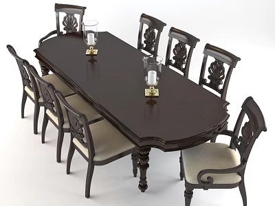 Classic Style Dark Wooden Dining Table And Carved Upholstered Chair Set With Candle Holders 3d model