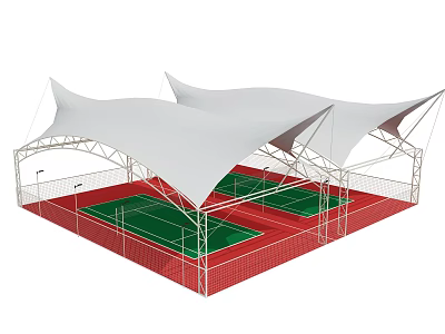 Outdoor Sports Fitness Court With White Membrane Roof Two Green Courts Red Flooring And Fencing 3d model
