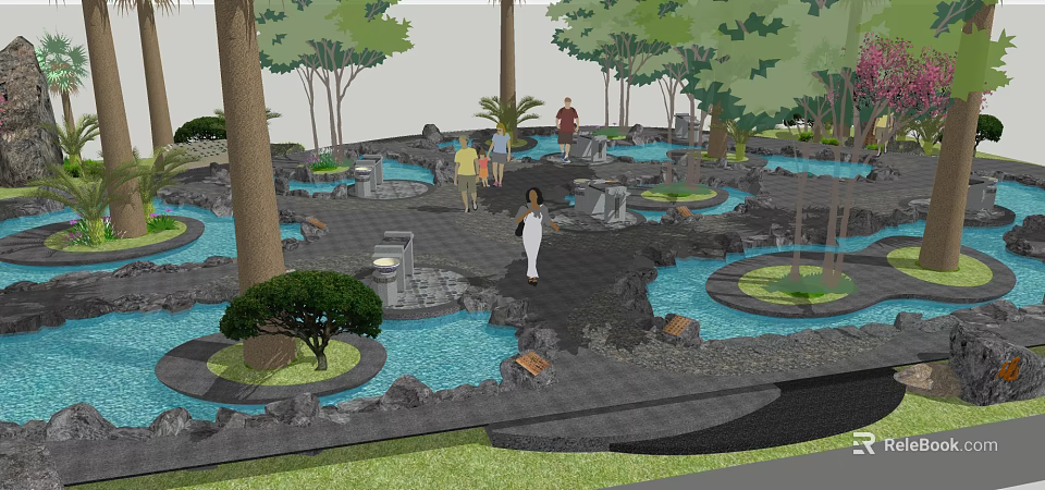 Tranquil Garden Landscape With Stone Pathways Ponds Lush Trees And Walking People 3d model