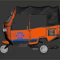 Stylish Orange Tricycle Motorcycle With Black Canopy And Colorful Decorative Patterns