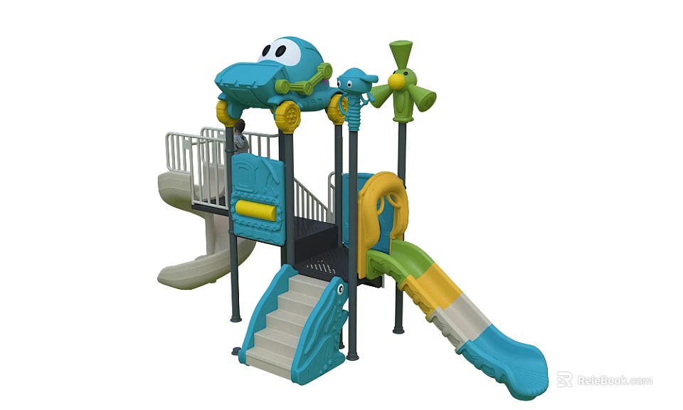 Kindergarten Outdoor Playground Structure With Blue Airplane Design Slides Stairs Windmill And Safe Features 3d model 
