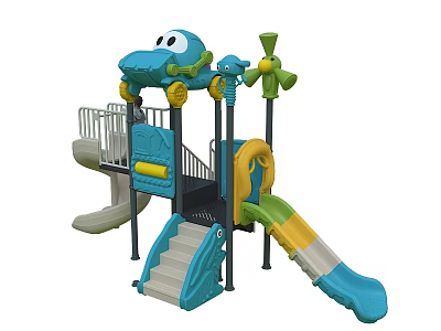 Kindergarten Outdoor Playground Structure With Blue Airplane Design Slides Stairs Windmill And Safe Features 3d model