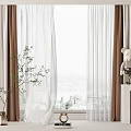 Elegant White Sheer And Brown Curtains At Window With Potted Plant Teddy Bear Books Clock