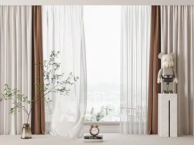 Elegant White Sheer And Brown Curtains At Window With Potted Plant Teddy Bear Books Clock 3d model