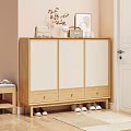 Modern Wooden Shoe Cabinet With Woven Panel Doors Drawers And Decorative Items On Top