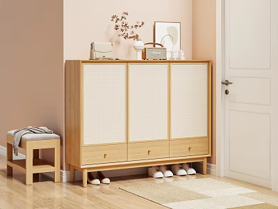 Modern Wooden Shoe Cabinet With Woven Panel Doors Drawers And Decorative Items On Top 3d model