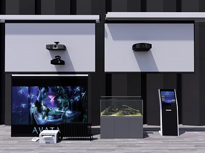 Smart Machines On White Roller Shutters With Projectors Dynamic Screens And Interactive Terminals 3d model