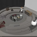 Modern Curved Beige Sofa And Round Coffee Table With Books Fruit Platter And Floor Lamp