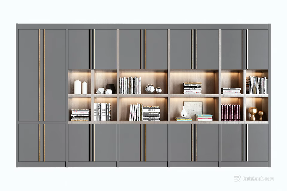 Modern Gray Bookshelf With LED Lighting Storage Compartments For Books And Decorative Items 3d model 