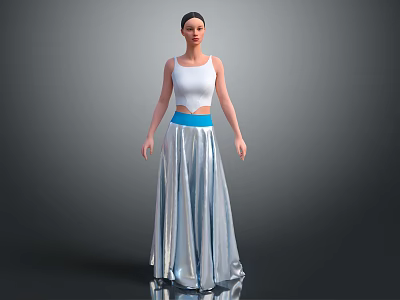 Female Character Wearing White Top Silver Long Skirt And Blue Waistband Standing On Gray Background 3d model