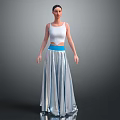 Female Character Wearing White Top Silver Long Skirt And Blue Waistband Standing On Gray Background