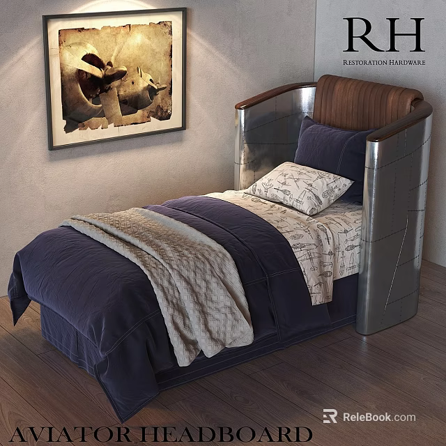 Children's Bed with Wooden and Metal Headboard Navy Blue Bedding and Soft Blanket 3d model 