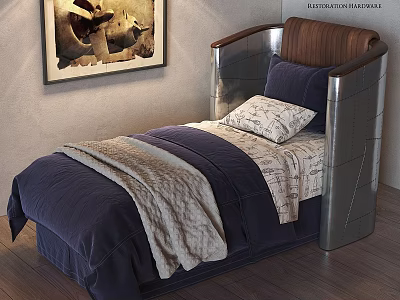 Children's Bed with Wooden and Metal Headboard Navy Blue Bedding and Soft Blanket 3d model