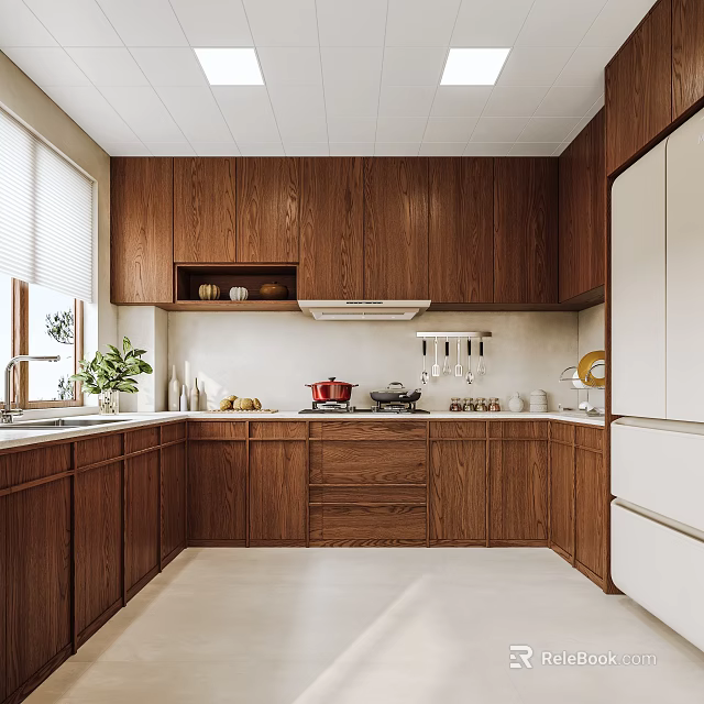 Wooden Kitchen Interior Design With Light Countertop Window Plant Range Hood And Refrigerator 3d model 