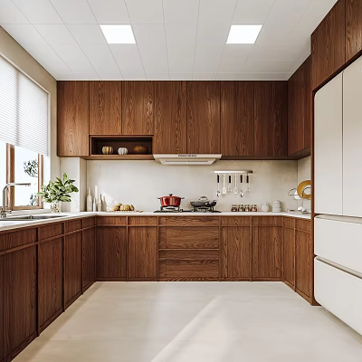 Wooden Kitchen Interior Design With Light Countertop Window Plant Range Hood And Refrigerator 3d model