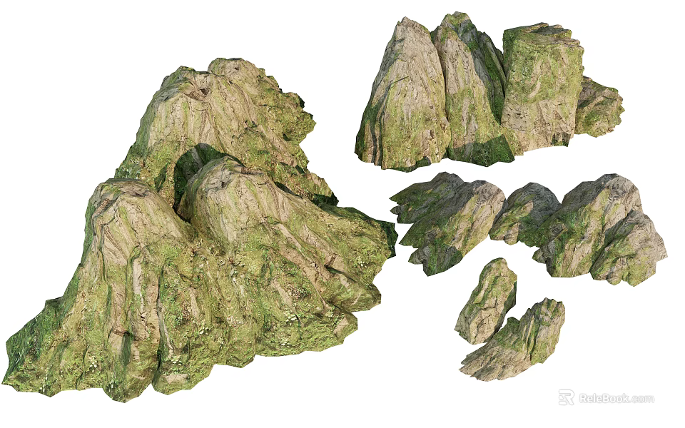 Garden Landscape Design With Natural Moss Covered Rock Formations And Scenic Stones 3d model 