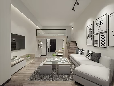 Modern Apartment Living Room With White Sofa TV Staircase And Wall Art 3d model