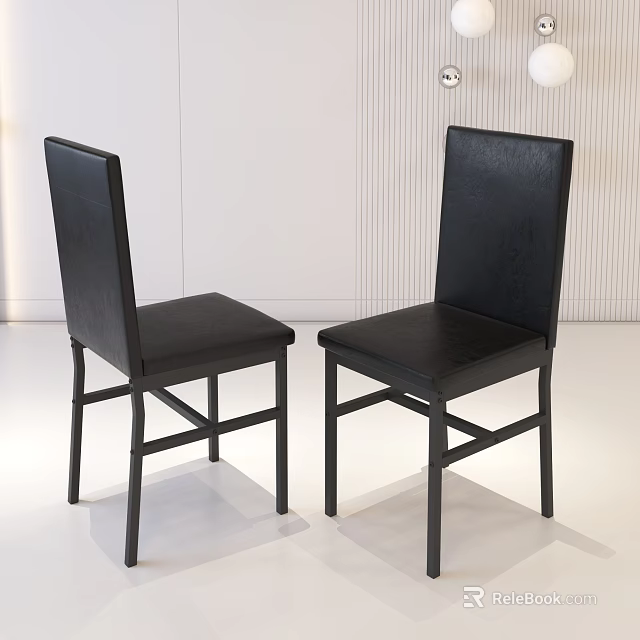 Modern Black Leather Dining Chairs With Straight Back And Metal Legs Design 3d model 