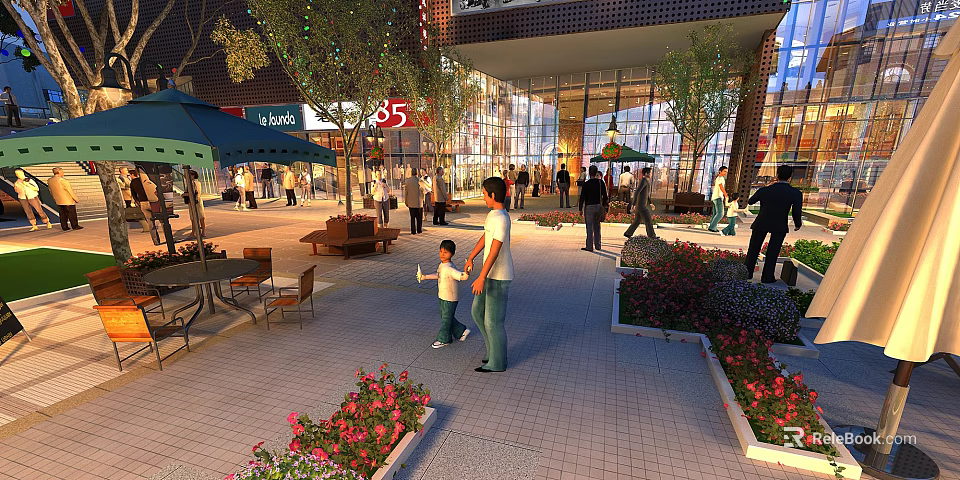 Vibrant Modern Commercial Street with Pedestrians Outdoor Seating Flower Beds and Illuminated Storefronts 3d model 