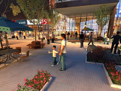 Vibrant Modern Commercial Street with Pedestrians Outdoor Seating Flower Beds and Illuminated Storefronts 3d model