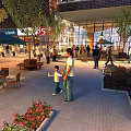 Vibrant Modern Commercial Street with Pedestrians Outdoor Seating Flower Beds and Illuminated Storefronts