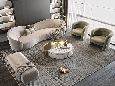 Elegant Modern Curved Velvet Sofa and Round Marble Coffee Table Set with Accent Chairs 3d model