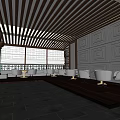 Traditional Tea House Interior With Wooden Ceiling Screen Panels And Green Plants