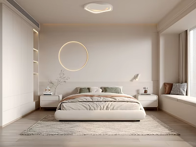 Minimalist Modern Bedroom Interior With Circular Ceiling Light Platform Bed And Soft Rug 3d model
