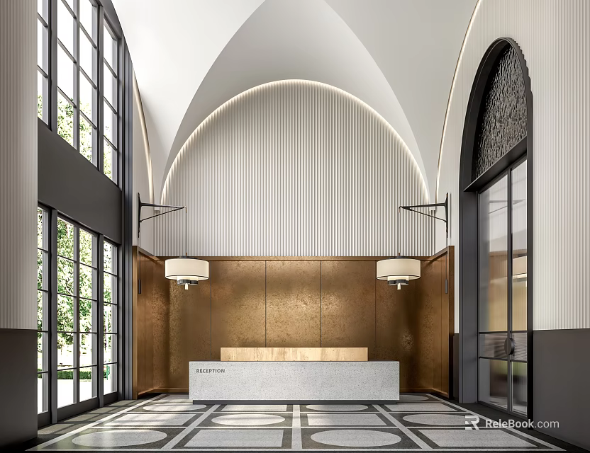 Elegant Reception Area With Arched Ceiling Vertical Slatted Wall And Geometric Patterned Flooring 3d model 