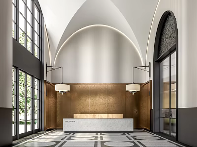 Elegant Reception Area With Arched Ceiling Vertical Slatted Wall And Geometric Patterned Flooring 3d model