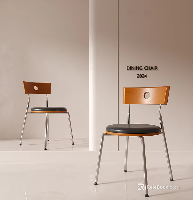 Modern Dining Chair 2024 With Wooden Backrest Leather Seat And Metal Legs 3d model 