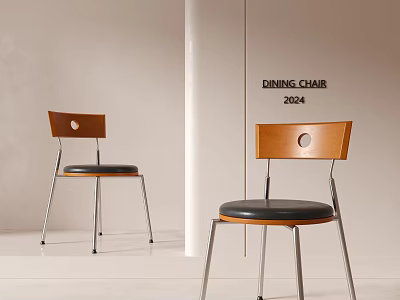 Modern Dining Chair 2024 With Wooden Backrest Leather Seat And Metal Legs 3d model