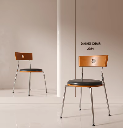 Modern Dining Chair 2024 With Wooden Backrest Leather Seat And Metal Legs 3d model