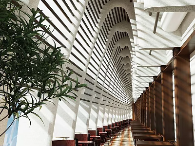 Modern Restaurant Interior With Arched Wooden Slats Green Plants And Dining Tables 3d model
