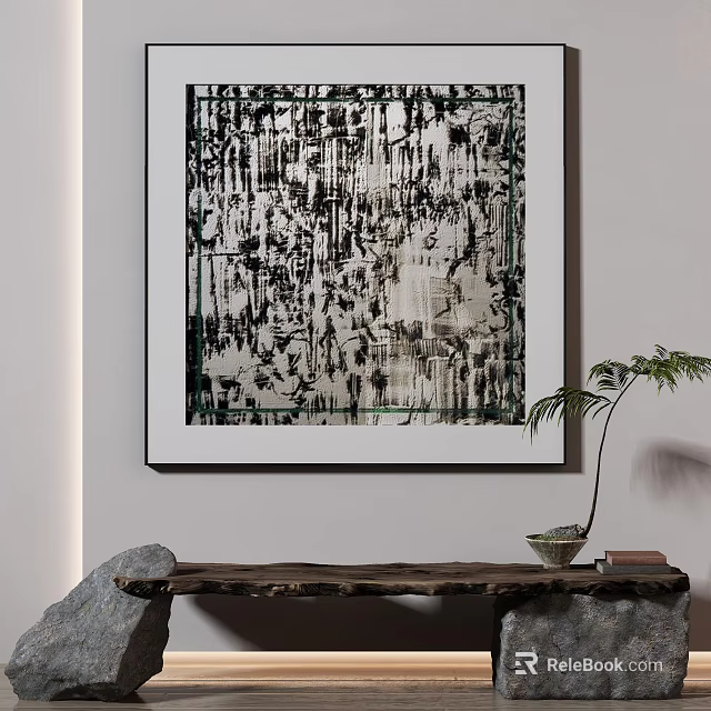 Abstract Painting With Black White Textured Lines And Patterns Hanging On Modern Wall 3d model